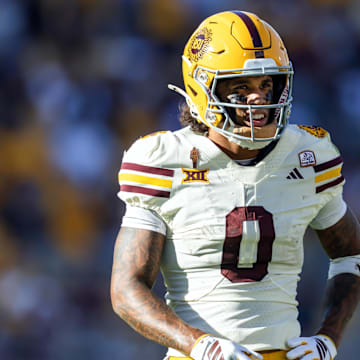 Oct 18, 2025; Tempe, Arizona, USA; Arizona State Sun Devils wide receiver Jordyn Tyson (0) against the Texas Tech Red Raiders at Mountain America Stadium. Mandatory Credit: Mark J. Rebilas-Imagn Images