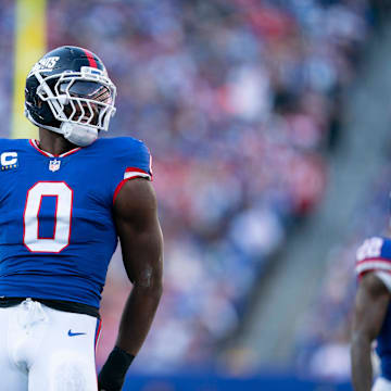 New York Giants linebacker Brian Burns (0) celebrates after breaking up a pass during a week 9 game between New York Giants and San Francisco 49ers at MetLife Stadium on Sunday, Nov. 2, 2025.