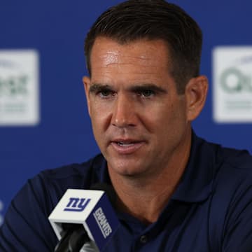 Jul 23, 2025; East Rutherford, NJ, USA; New York Giants general manager Joe Schoen talks with media during training camp at Quest Diagnostics Training Center.