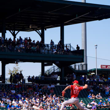 Feb 27, 2025; Mesa, Arizona, USA; Los Angeles Angels pitcher Caden Dana (36) comes in to start in the first inning during a spring training game against the Chicago Cubs at Sloan Park. Mandatory Credit: Allan Henry-Imagn Images