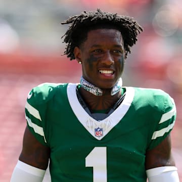 Sep 21, 2025; Tampa, Florida, USA; New York Jets cornerback Sauce Gardner (1) warms up before a game against the Tampa Bay Buccaneers at Raymond James Stadium. 