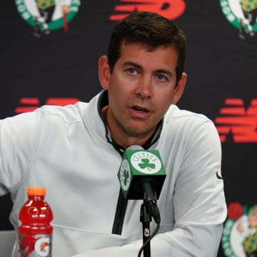 Oct 2, 2023; Boston, Celtics, USA; Boston Celtics president of basketball operations Brad Stevens talks during Boston Celtics Media Day. Mandatory Credit: David Butler II-USA TODAY Sports