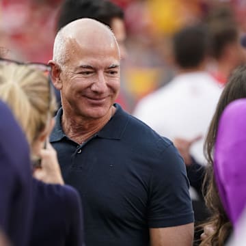 Sep 15, 2022; Kansas City, Missouri, USA; Amazon executive chairman Jeff Bezos in attendance before the Kansas City Chiefs play against the Los Angeles Chargers at GEHA Field at Arrowhead Stadium. Mandatory Credit: Jay Biggerstaff-Imagn Images