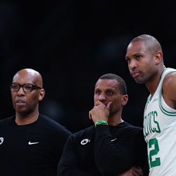 May 5, 2025; Boston, Massachusetts, USA; Boston Celtics head coach Joe Mazzulla talks with center Al Horford (42) from the sideline as they take on the New York Knicks during game one of the second round for the 2025 NBA Playoffs at TD Garden. Mandatory Credit: David Butler II-Imagn Images
