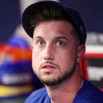 Sep 8, 2025; Atlanta, Georgia, USA; Chicago Cubs right fielder Kyle Tucker (30) in the dugout against the Atlanta Braves in the eighth inning at Truist Park.
