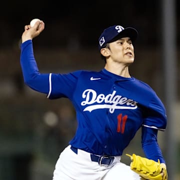 Mar 4, 2025; Phoenix, Arizona, USA; Los Angeles Dodgers pitcher Roki Sasaki against the Cincinnati Reds during a spring training game at Camelback Ranch-Glendale. Mandatory Credit: Mark J. Rebilas-Imagn Images