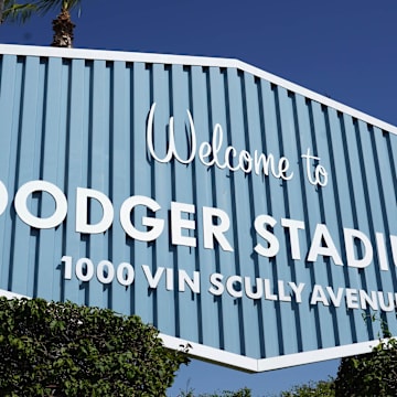 The Welcome to Dodger Stadium sign at Dodger Stadium at 1000 Vin Scully Avenue on April 5, 2022.