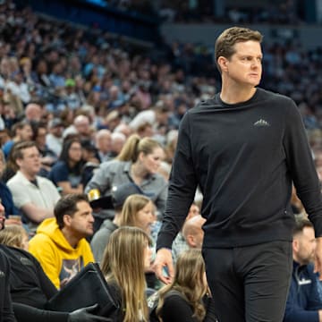 Apr 13, 2025; Minneapolis, Minnesota, USA; Utah Jazz head coach Will Hardy reacts to a call that goes the way of the Minnesota Timberwolves in the first quarter at Target Center. Mandatory Credit: Matt Blewett-Imagn Images