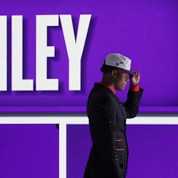 Jun 25, 2025; Brooklyn, NY, USA;  Ace Bailey looks on after being selected as the fifth pick by the Utah in the first round of the 2025 NBA Draft at Barclays Center. Mandatory Credit: Brad Penner-Imagn Images