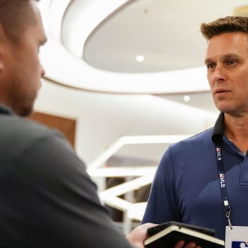 Seattle Mariners president of baseball operations Jerry Dipoto answers questions during the MLB GM Meetings at The Conrad Las Vegas in 2022.
