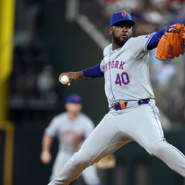 Jun 18, 2024; Arlington, Texas, USA; New York Mets pitcher Luis Severino (40) throws a pitch in the fourth inning against the Texas Rangers  at Globe Life Field. Mandatory Credit: Tim Heitman-USA TODAY Sports
