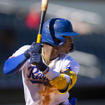 Oct 26, 2022; Surprise, Arizona, USA; Texas Rangers infielder Luisangel Acuna plays for the Surprise Saguaros during an Arizona Fall League baseball game at Surprise Stadium. Mandatory Credit: Mark J. Rebilas-Imagn Images