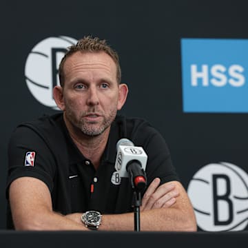 Sep 26, 2022; Brooklyn, NY, USA; Brooklyn Nets general manager Sean Marks talks to the media during media day at HSS Training Center. Mandatory Credit: Vincent Carchietta-Imagn Images