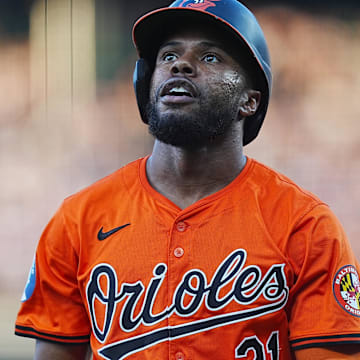 Aug 31, 2024; Denver, Colorado, USA; Baltimore Orioles outfielder Cedric Mullins (31) after being tagged out stealing in the third inning against the Colorado Rockies at Coors Field