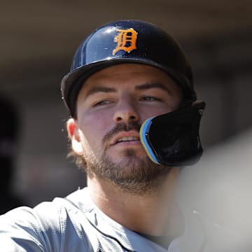 Apr 21, 2024; Minneapolis, Minnesota, USA; Detroit Tigers second baseman Buddy Kennedy (40) celebrates his RBI sacrifice fly against the Minnesota Twins in the first inning at Target Field. 