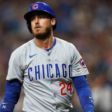 Jun 13, 2024; St. Petersburg, Florida, USA;  Chicago Cubs first baseman Cody Bellinger (24) reacts after striking out against the Tampa Bay Rays in the sixth inning at Tropicana Field.