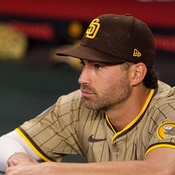 Jun 14, 2025; Phoenix, Arizona, USA; San Diego Padres outfielder Tyler Wade (14) watches on from the dugout before the start of first inning for a game between the San Diego Padres and Arizona Diamondbacks at Chase Field. Mandatory Credit: Allan Henry-Imagn Images