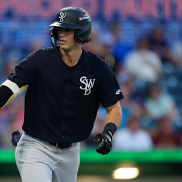 Scranton/Wilkes-Barre RailRiders outfielder Spencer Jones (48) is walked during the first inning of Game 2 of an MiLB International League Championship Series at VyStar Ballpark Wednesday, Sept. 24, 2025 in Jacksonville, Fla. The Jacksonville Jumbo Shrimp defeated the Scranton/Wilkes-Barre RailRiders 6-4 and force a Game 3 Thursday evening for the title championship.