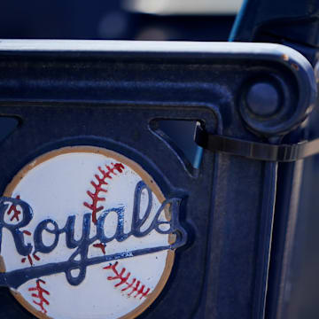 Apr 1, 2021; Kansas City, Missouri, USA; A general view of the Kansas City Royals logo on seats with complimentary flags for fans before the Opening Day game against the Texas Rangers Kauffman Stadium. Mandatory Credit: Denny Medley-Imagn Images