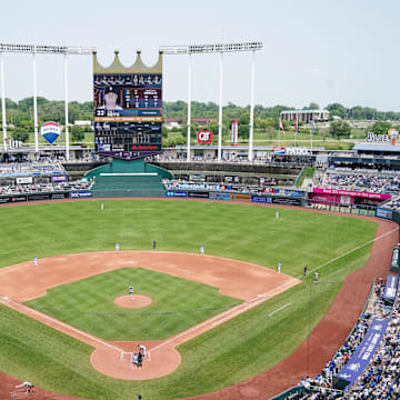 Jun 1, 2025; Kansas City, Missouri, USA; A general view of the stadium in the fourth inning of the game between the Kansas City Royals and Detroit Tigers at Kauffman Stadium. Mandatory Credit: Denny Medley-Imagn Images