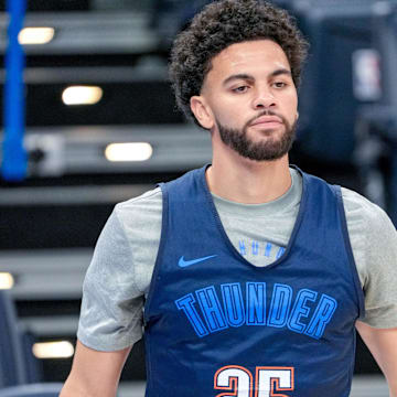 Oklahoma City guard Ajay Mitchell (25) runs drills during an NBA Finals practice session ahead of Game 2 at Paycom Center Oklahoma City, on Saturday, June 7, 2025.