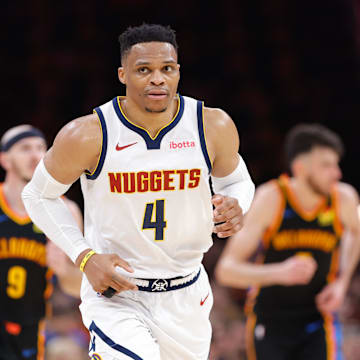 May 5, 2025; Oklahoma City, Oklahoma, USA; Denver Nuggets guard Russell Westbrook (4) runs down the court after a play against the Oklahoma City Thunder during the second half during game one of the second round for the 2025 NBA Playoffs at Paycom Center. Mandatory Credit: Alonzo Adams-Imagn Images