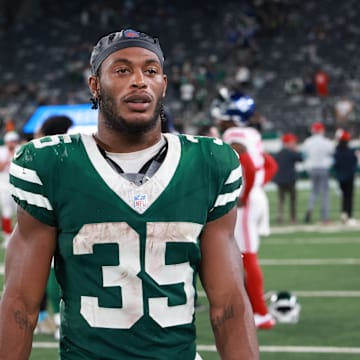 Aug 24, 2024; East Rutherford, New Jersey, USA; New York Jets running back Xazavian Valladay (35) after the game at MetLife Stadium. Mandatory Credit: Vincent Carchietta-Imagn Images