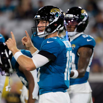 Jacksonville Jaguars quarterback John Wolford (18) calls a play during the fourth quarter of an NFL preseason matchup at EverBank Stadium, Saturday, Aug. 9, 2025 in Jacksonville, Fla. The Steelers defeated the Jaguars 31-25. [Corey Perrine/Florida Times-Union]