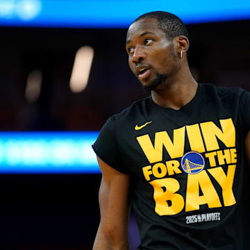 May 12, 2025; San Francisco, California, USA; Golden State Warriors forward Jonathan Kuminga (00) stands on the court during warmups against the Minnesota Timberwolves during game four of the second round for the 2025 NBA Playoffs at Chase Center. Mandatory Credit: Cary Edmondson-Imagn Images
