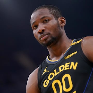 May 12, 2025; San Francisco, California, USA; Golden State Warriors forward Jonathan Kuminga (00) stands on the court before a play against the Minnesota Timberwolves in the second quarter during game four of the second round for the 2025 NBA Playoffs at Chase Center. Mandatory Credit: Cary Edmondson-Imagn Images