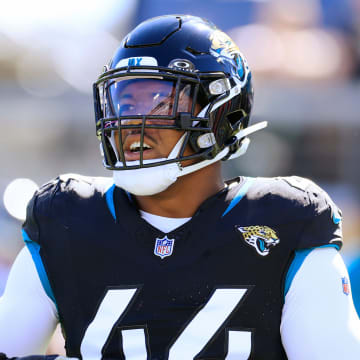 Jacksonville Jaguars linebacker Travon Walker (44) warms up before an NFL football matchup Sunday, Nov. 19, 2023 at EverBank Stadium in Jacksonville, Fla. The Jacksonville Jaguars defeated the Tennessee Titans 34-14. [Corey Perrine/Florida Times-Union]