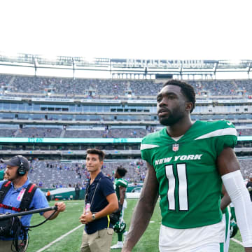 New York Jets wide receiver Denzel Mims (11) walks off the field after a 31-27 win over the New York Giants in a preseason game at MetLife Stadium on Sunday, August 28, 2022.

Nfl Giants Vs Jets Preseason Game Giants At Jets