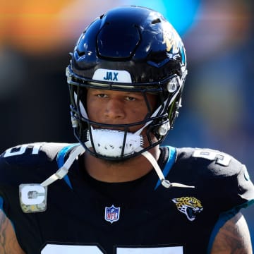 Jacksonville Jaguars defensive end Roy Robertson-Harris (95) looks on during the second quarter an NFL football matchup Sunday, Nov. 19, 2023 at EverBank Stadium in Jacksonville, Fla. The Jacksonville Jaguars defeated the Tennessee Titans 34-14. [Corey Perrine/Florida Times-Union]