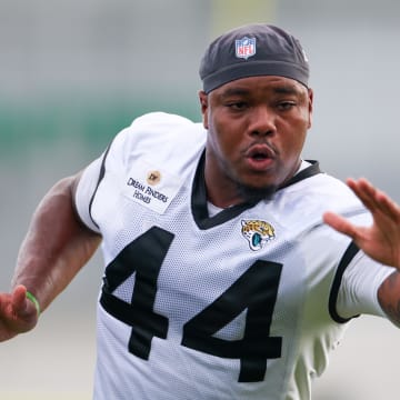 Jul 26, 2024; Jacksonville, FL, USA; Jacksonville Jaguars linebacker Travon Walker (44) participates in training camp at Miller Electric Center. Mandatory Credit: Nathan Ray Seebeck-USA TODAY Sports