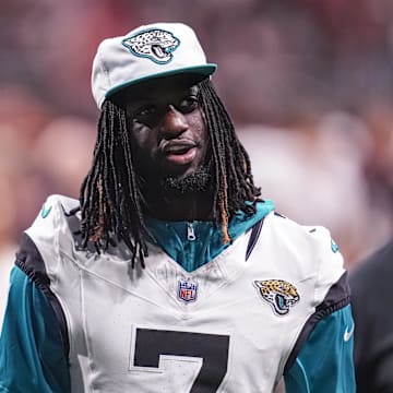 Aug 23, 2024; Atlanta, Georgia, USA; Jacksonville Jaguars wide receiver Brian Thomas Jr. (7) shown on the field against the Atlanta Falcons at Mercedes-Benz Stadium. Mandatory Credit: Dale Zanine-USA TODAY Sports