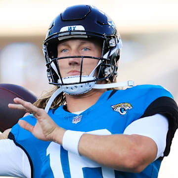 Jacksonville Jaguars quarterback Trevor Lawrence (16) warms up before a preseason NFL football game Saturday, Aug. 17, 2024 at EverBank Stadium in Jacksonville, Fla. [Corey Perrine/Florida Times-Union]