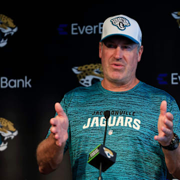 Jacksonville Jaguars head coach Doug Pederson answers questions from members of the media during a combined NFL football training camp session between the Tampa Bay Buccaneers and Jacksonville Jaguars Thursday, Aug. 15, 2024 at EverBank Stadium’s Miller Electric Center in Jacksonville, Fla. [Corey Perrine/Florida Times-Union]