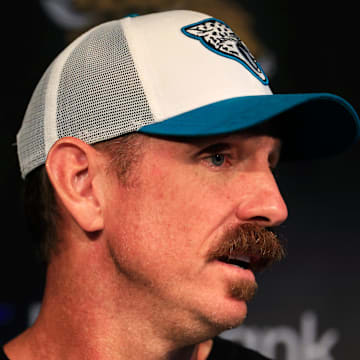 Jacksonville Jaguars defensive coordinator Ryan Nielsen speaks to members of the media during a combined NFL football training camp session between the Tampa Bay Buccaneers and Jacksonville Jaguars Wednesday, Aug. 14, 2024 at EverBank Stadium’s Miller Electric Center in Jacksonville, Fla. [Corey Perrine/Florida Times-Union]