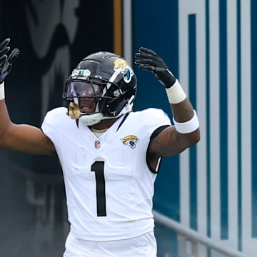 Jacksonville Jaguars running back Travis Etienne Jr. (1) is introduced before an NFL football matchup Sunday, Sept. 15, 2024 at EverBank Stadium in Jacksonville, Fla. The Browns defeated the Jaguars 18-13. [Corey Perrine/Florida Times-Union]