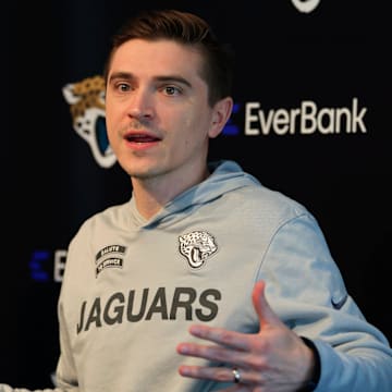 Jacksonville Jaguars general manager James Gladstone speaks during a press conference at Miller Electric Center Tuesday, April 15, 2025 in Jacksonville, Fla. [Corey Perrine/Florida Times-Union]
