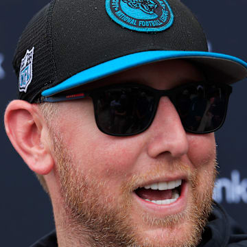 Jacksonville Jaguars head coach Liam Coen is interviewed by members of the media during a rookie minicamp at Miller Electric Center Saturday, May 10, 2025 in Jacksonville, Fla. [Corey Perrine/Florida Times-Union]