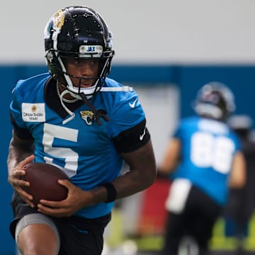 Jacksonville Jaguars wide receiver Dyami Brown (5) runs the ball during the 10th organized team activity at Miller Electric Center Wednesday, June 4, 2025 in Jacksonville, Fla. [Corey Perrine/Florida Times-Union]