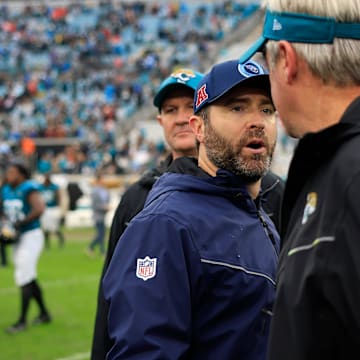 Tennessee Titans head coach Brian Callahan talks with Jacksonville Jaguars head coach Doug Pederson after the game Sunday, Dec. 29, 2024 at EverBank Stadium in Jacksonville, Fla. The Jaguars held off the Titans 20-13. [Corey Perrine/Florida Times-Union]