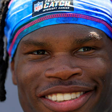 Jacksonville Jaguars wide receiver Travis Hunter (12) speaks to members of the media during the second mandatory minicamp at Miller Electric Center Wednesday, June 11, 2025 in Jacksonville, Fla.