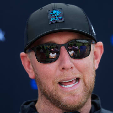 Jacksonville Jaguars head coach Liam Coen talks to members of the media during the 10th organized team activity at Miller Electric Center Wednesday, June 4, 2025 in Jacksonville, Fla. [Corey Perrine/Florida Times-Union]
