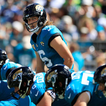 Jacksonville Jaguars quarterback Trevor Lawrence (16) calls a play during the second quarter of an NFL football matchup, Sunday, Oct. 12, 2025, at EverBank Stadium in Jacksonville, Fla. The Seahawks defeated the Jaguars 20-12. [Corey Perrine/Florida Times-Union]