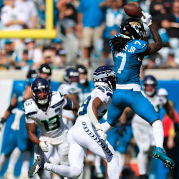 Jacksonville Jaguars wide receiver Brian Thomas Jr. (7) can’t haul in a reception during the fourth quarter of an NFL football matchup, Sunday, Oct. 12, 2025, at EverBank Stadium in Jacksonville, Fla. The Seahawks defeated the Jaguars 20-12. [Corey Perrine/Florida Times-Union]