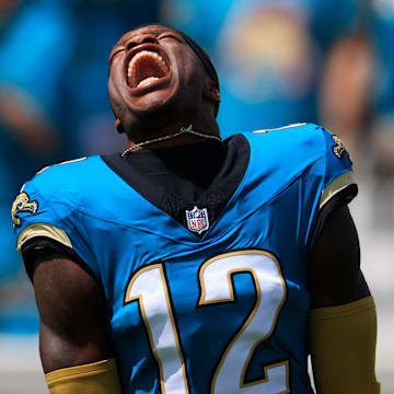 Jacksonville Jaguars wide receiver Travis Hunter (12) yells as his is introduced before an NFL football matchup at EverBank Stadium, Sunday, Sept. 21, 2025, in Jacksonville, Fla. [Corey Perrine/Florida Times-Union]