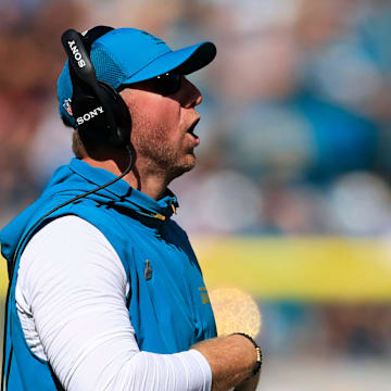 Jacksonville Jaguars head coach Liam Coen calls out from the sideline during the fourth quarter of an NFL football matchup, Sunday, Oct. 12, 2025, at EverBank Stadium in Jacksonville, Fla. The Seahawks defeated the Jaguars 20-12.