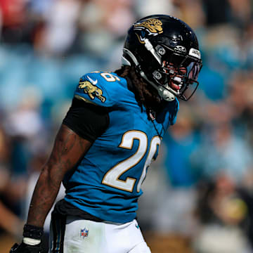 Jacksonville Jaguars safety Antonio Johnson (26) reacts to closing out the game with an interception during the fourth quarter of an NFL football matchup at EverBank Stadium, Sunday, Sept. 21, 2025, in Jacksonville, Fla. The Jaguars defeated the Texans 17-10.